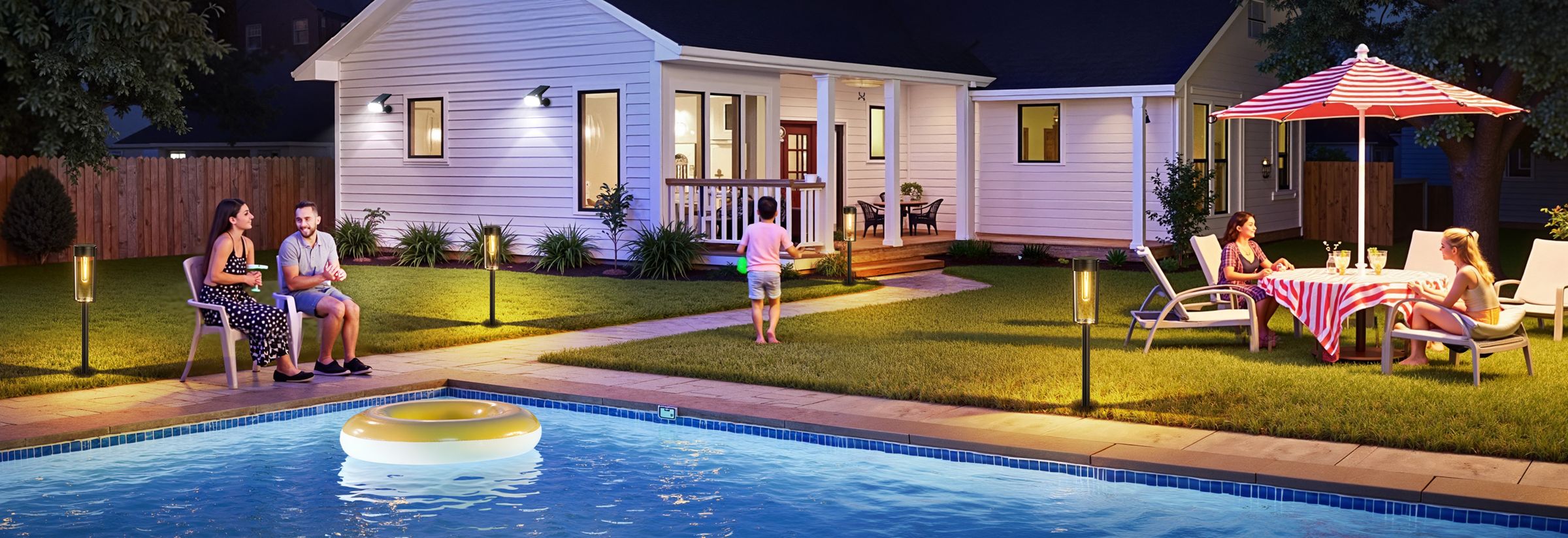 Letmy solar pathway lights glowing around a backyard pool at dusk