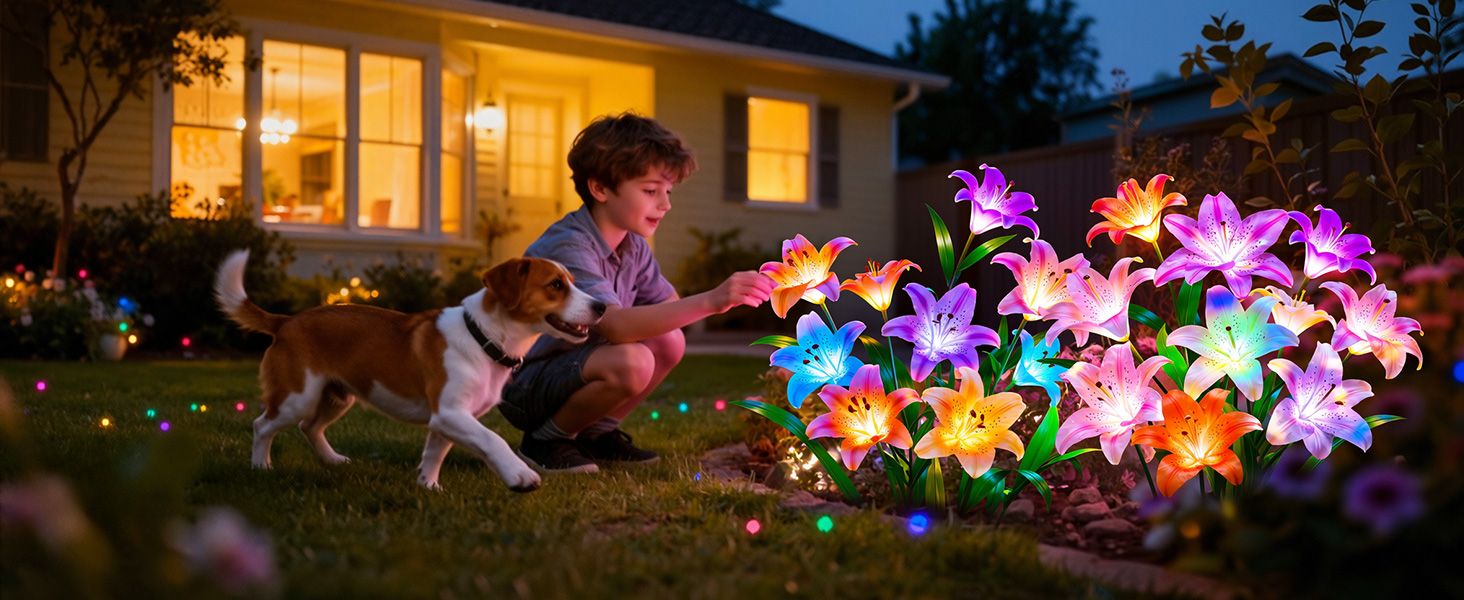 Letmy solar lily flower lights glowing in a front yard bed